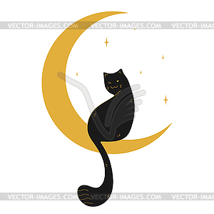Симпатичный черный кот, сидящий на полумесяце - графика в векторе