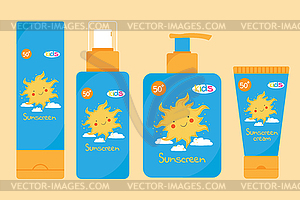 Set of sunscreen products for kids - vector image