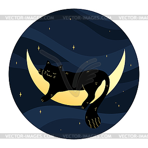 Cute black cat sleeping on a crescent on night sky - vector EPS clipart