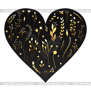 Heart template decorated with gold colored plants - vector image