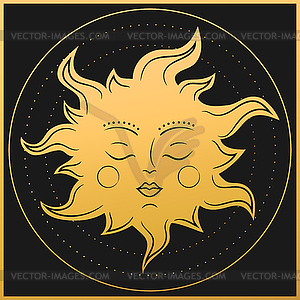 Символ солнца в магическом круге. Золотой небесный фон - изображение в векторном виде