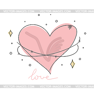 Hand drawn heart planet with rings decorated with stars - vector image