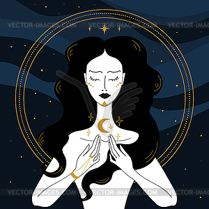 Mystical Sorceress or witch with stars and crescent  - vector clipart