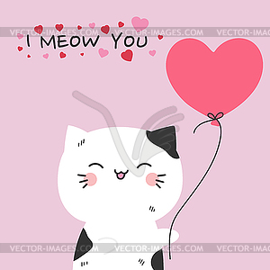 Cute hand drawn black and white cat holding a heart  - vector image