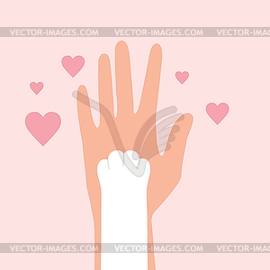 Cat paw on human hand. Man holding cat paw - vector clipart