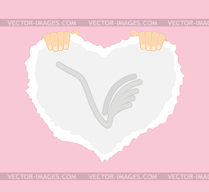 Hands holding a torn paper heart. Simple banner  - royalty-free vector clipart