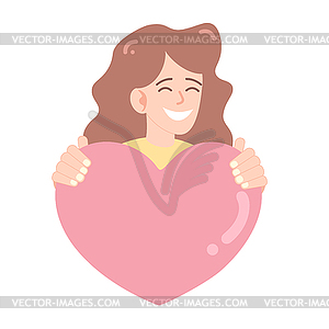 Smiling woman holding a heart. Girl gives a heart - vector image