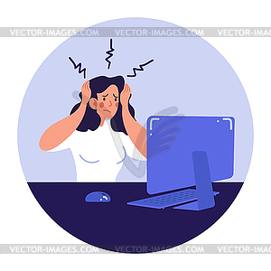 Confused female worker sitting at the office desk - vector clipart / vector image