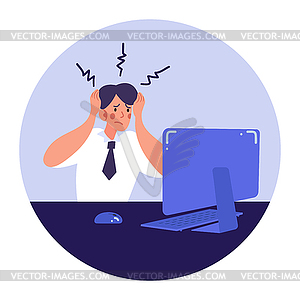 Confused male worker sitting at the office desk - vector image