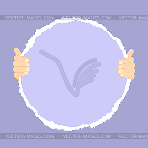 Руки, держащие разорванный бумажный кружок - иллюстрация в векторном формате