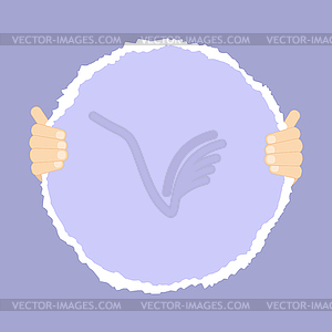 Hands holding a torn paper circle - vector clip art