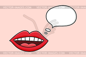 Hand drawn red woman mouth with a speech bubble - color vector clipart