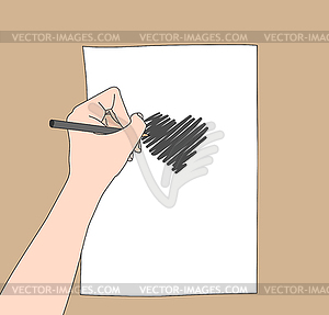 Рука рисует сердце карандашом на белой бумаге - векторный клипарт EPS
