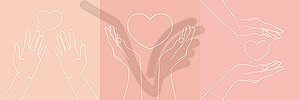 Set of Human hands with a heart. Love and care emblem - vector clip art