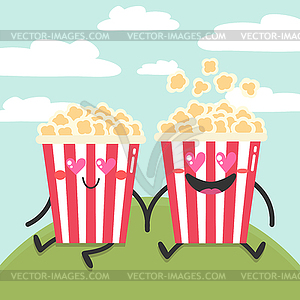 Two cute cartoon popcorn characters in love - vector clip art