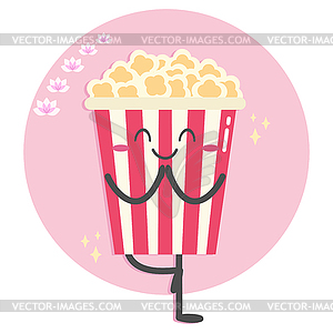 Cute cartoon popcorn character is doing yoga - vector clip art