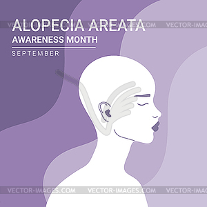 Alopecia awareness month poster. Woman with bald head - vector clipart