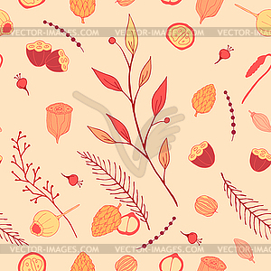 Autumn seamless pattern. Hand drawn foliage and berries - vector image