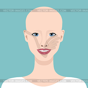 Young smiling woman with alopecia. Beautiful bald girl - vector clipart