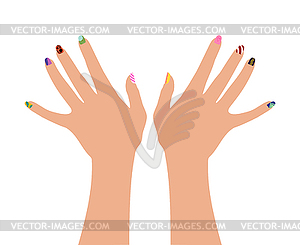 Hand drawn female hands with fancy painted nails - vector image