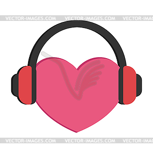 Heart in headphones. Love music flat icon - vector EPS clipart