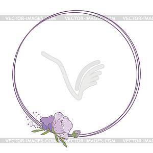 Round frame with purple flowers. Botanical template - vector clipart