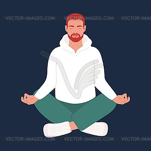 Young redhead man with beard sitting in lotus pose - vector image