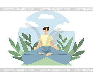 Cute cartoon boy sitting in yoga pose with nature - vector clipart