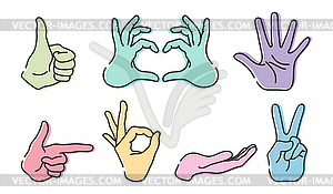 Hands with gestures OK, peace sign, thumb up - vector clip art