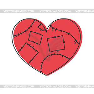 Stitched heart emblem logo. Red heart with patches - vector image