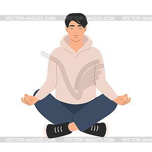 Young man sitting in lotus pose. Meditating male - vector image