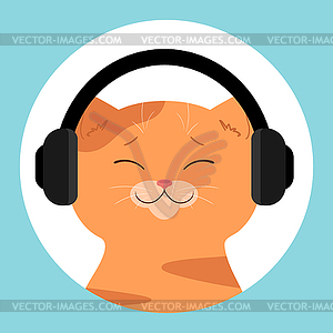 Симпатичный рыжий полосатый кот в наушниках - векторный графический клипарт