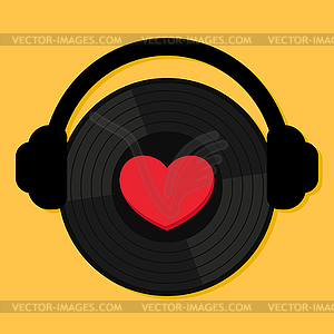 Vinyl record disk with heart in headphones. Love music - vector clip art