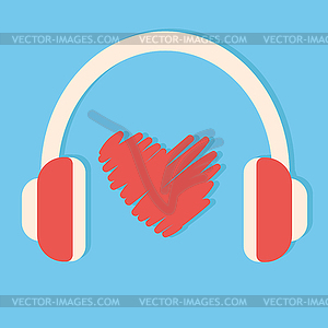 Retro headphones and hand drawn scribble heart - vector clip art