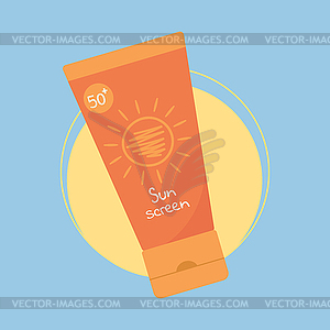 Tube with sunscreen product on sun background - vector clipart / vector image