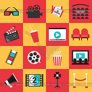 Cinema movie icons set. 3d glasses, camera, tickets - vector clipart