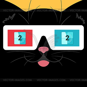 Cute black cat face in 3d glasses close up - vector clipart
