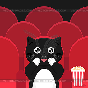 Cute black tuxedo cat in movie theater - vector image