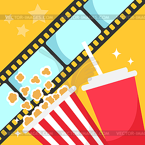 Cinema movie background. Popcorn bucket, cold drink - vector image