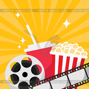 Cinema movie background. Popcorn bucket, cold drink - vector clip art