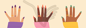 Set of women hands with animal print nail design - vector clipart