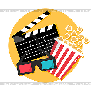 Cinema emblem with an open clapper board, popcorn - vector clip art