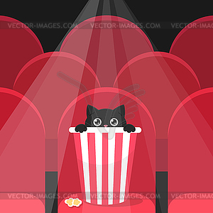 Frightened black cat hiding in popcorn bucket - vector clip art