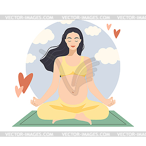 Happy pregnant woman sitting in lotus pose - vector clipart