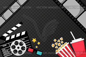 Cinema movie banner. Popcorn bucket, cold drink soda - vector clip art