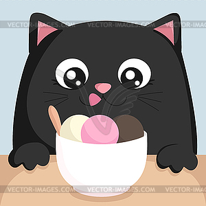 Cute cartoon cat is looking forward to ice cream - vector clipart