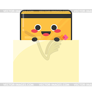 Cute cartoon credit card character is holding paper - vector clipart