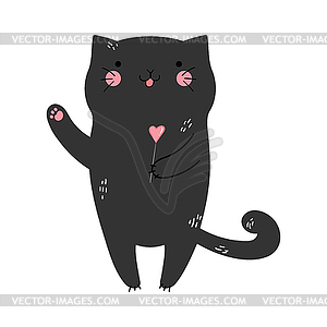 Hand drawn cat holding heart shaped lollipop. Vector - vector clipart