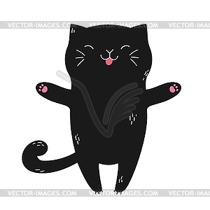 Hand drawn happy black cat opens arms for hug - vector image