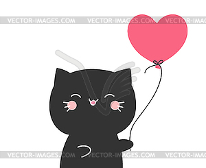 Cute hand drawn black cat holding a heart balloon - vector image